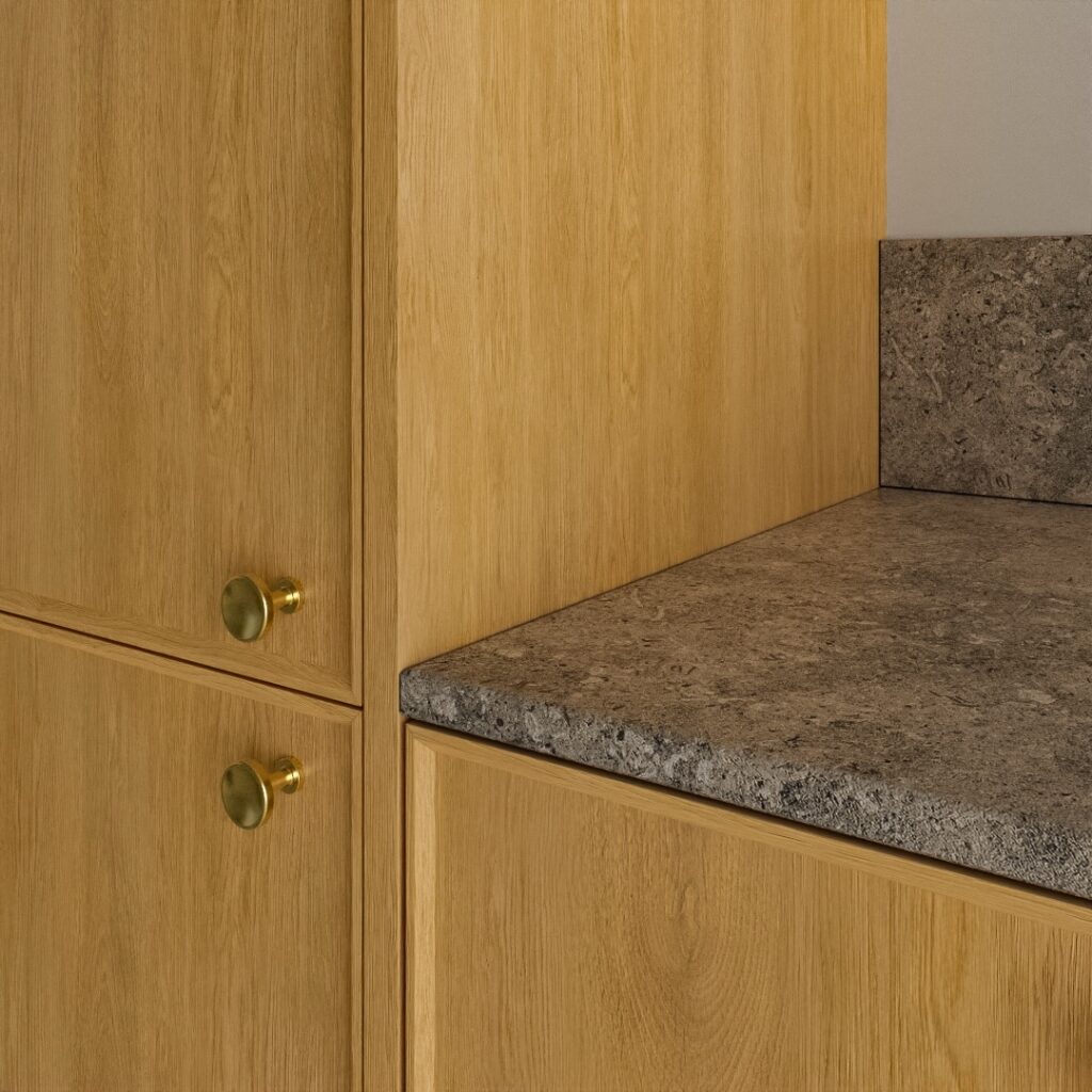 Wooden cabinetry with stone countertop