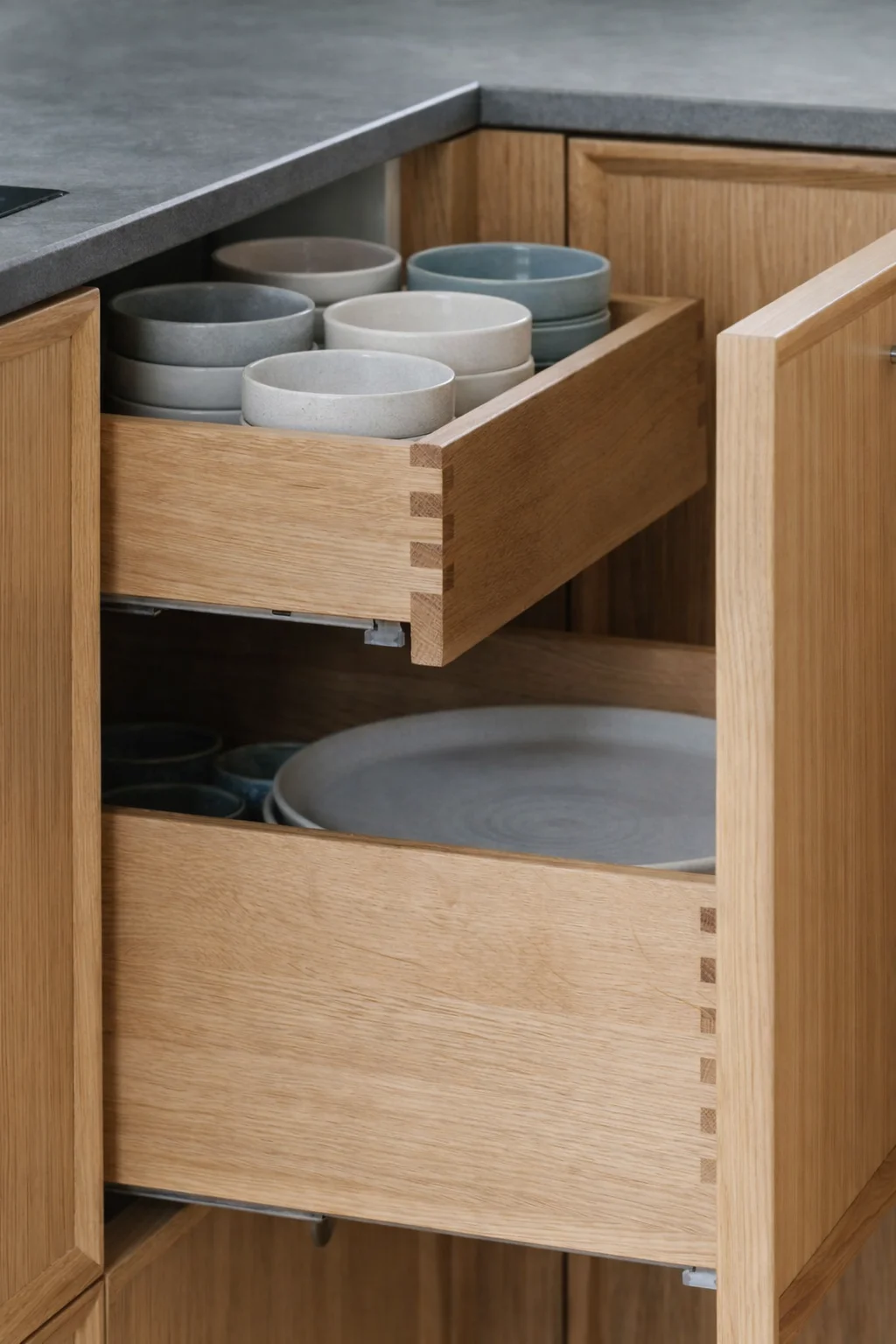 Scandinavian kitchen with drawers in oak